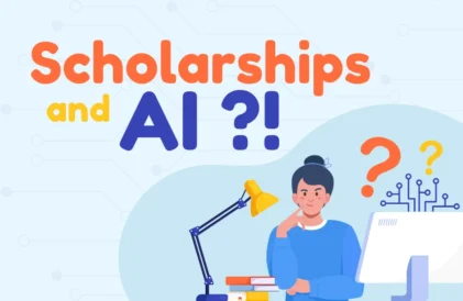 How to use AI with scholarships. Image of male student at a desk with the words, scholarships and AI floating above him.