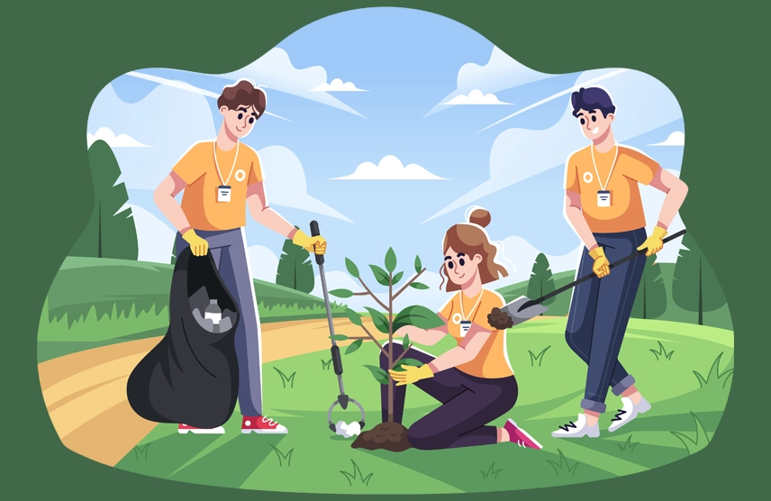 Image of three young people, planting a tree and picking up trash as they volunteer. Boost your college applications with community involvement.