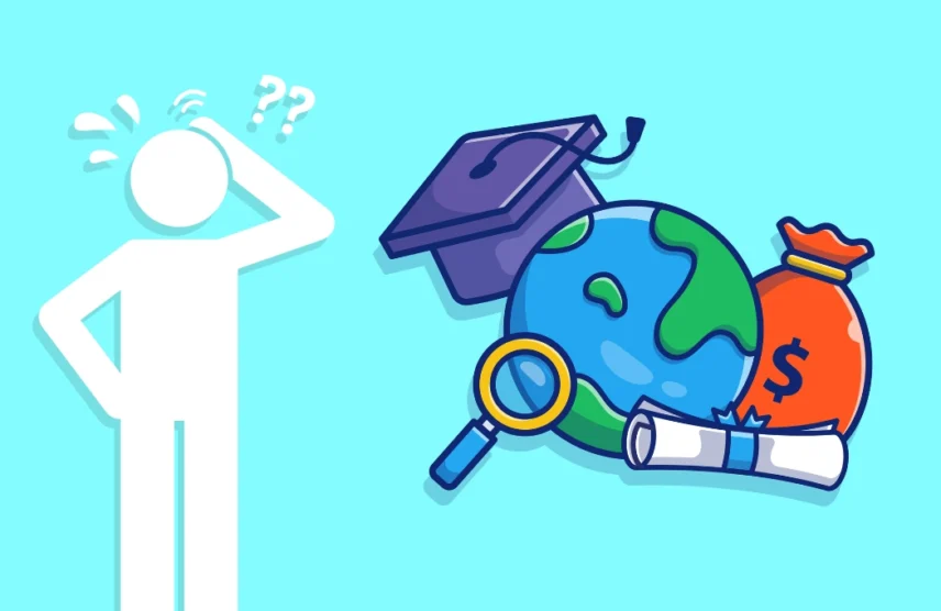 Applying for Scholarships: Don’t Stop Now, cartoon image of a person scratching his head and the globe with a graduation cap, Moneybagg, magnifying glass hanging off the side.