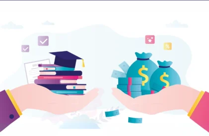 How to Understand Your Financial Aid Offer and Cover College Costs - graphic of one hand, holding a stack of books and a different hand holding a stack of money.