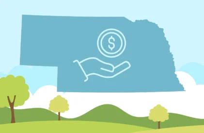 Tuition assistance programs in Nebraska. Graphic of rolling Hills with the image of the state of Nebraska above it and a hand holding a coin.