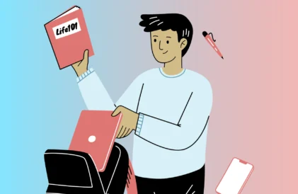 College lessons you don't learn in class. Graphic of a college student, pulling a book laptop out of a backpack.