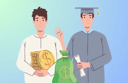 Federal Student Loan Collections Have Resumed - graphic of a male graduate, and another male student holding coins and money bags.