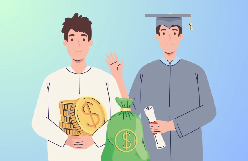 Federal Student Loan Collections Have Resumed - graphic of a male graduate, and another male student holding coins and money bags.