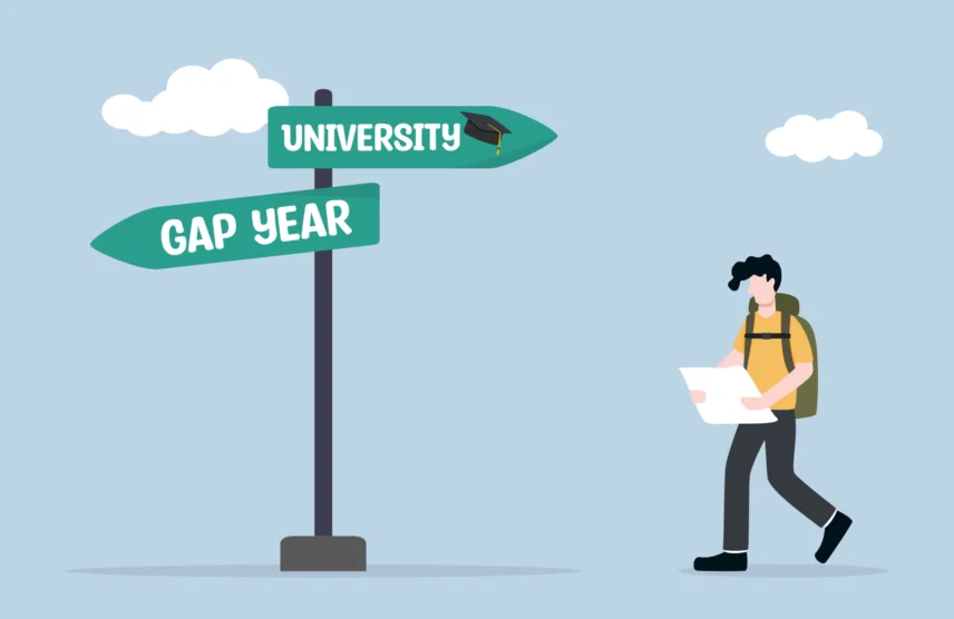 Taking a gap year. Graphic of a sign post with two arrows, one says University and the other says gap here.