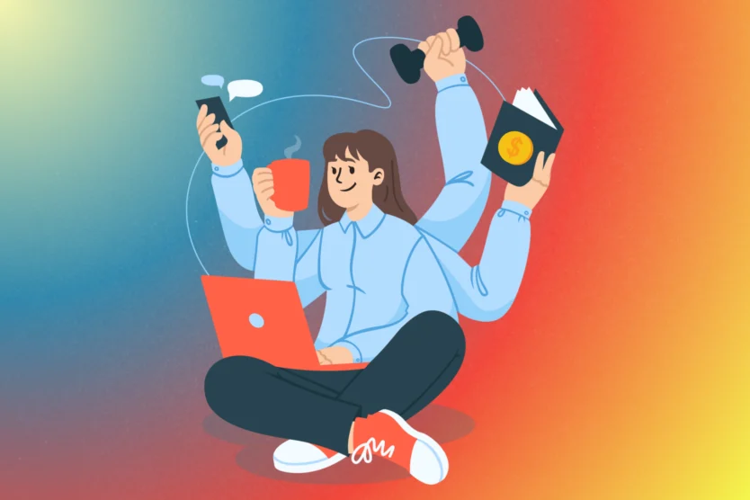 Are you ready for adulting? Graphic of student sitting on floor with laptop and three arms coming out of his body each holding different items.