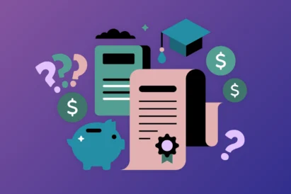 A crash course in student loans. Image of documents, piggy bank,? Mark, and a calculator.