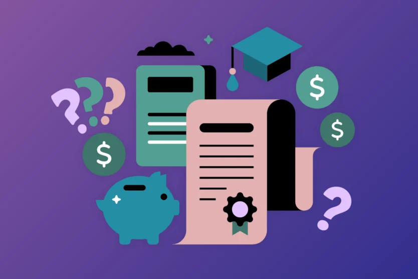 A crash course in student loans. Image of documents, piggy bank,? Mark, and a calculator.