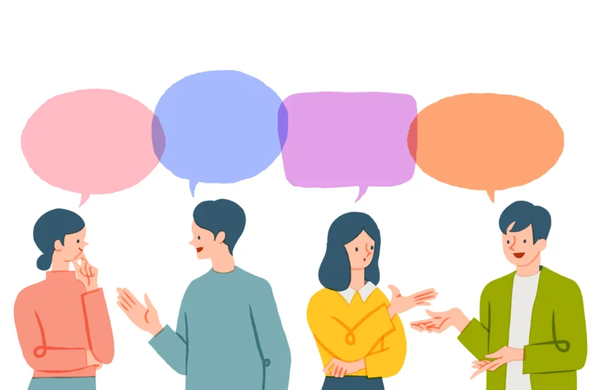 why we chose college. Graphic of four people talking with comment bubbles above their heads.