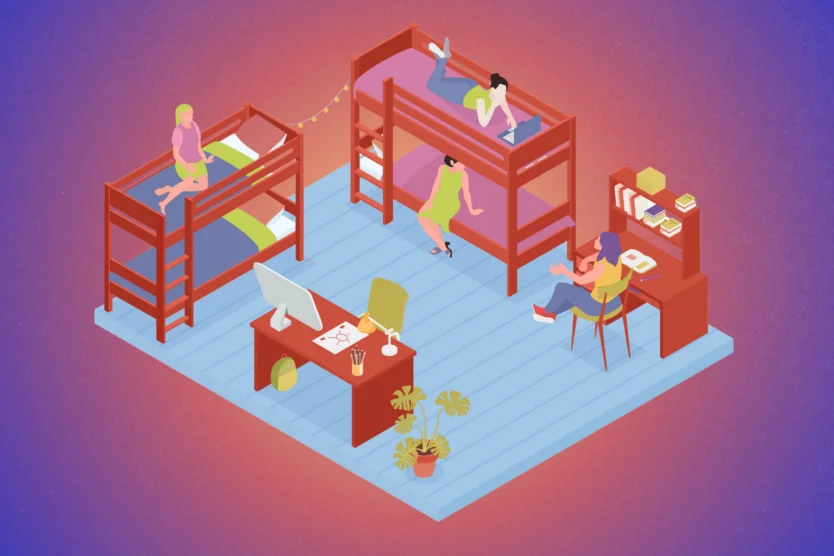 Dorm life: the good, the bad, and the awkward. Graphic of students in a dorm room with bunkbeds.