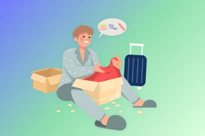 What to take to college. Graphic of students sitting on floor, packing boxes and suitcases for college.