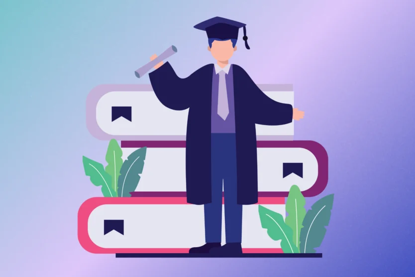 When I wish I knew before college. Image of a male graduate in cap and gown with books behind him.