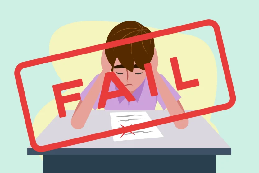 How to fail high school without even trying. Graphic of a student, looking frustrated at their school desk, and a stamp on top of the graphic that says fail.