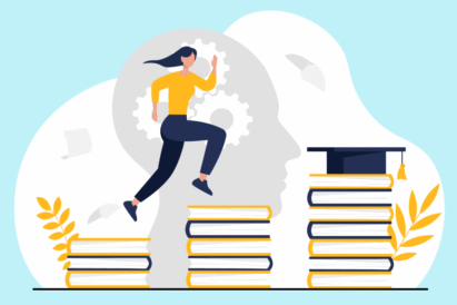How to make the most of your senior year. Graphic of female student jump, jumping up stairs, made of stacked books.