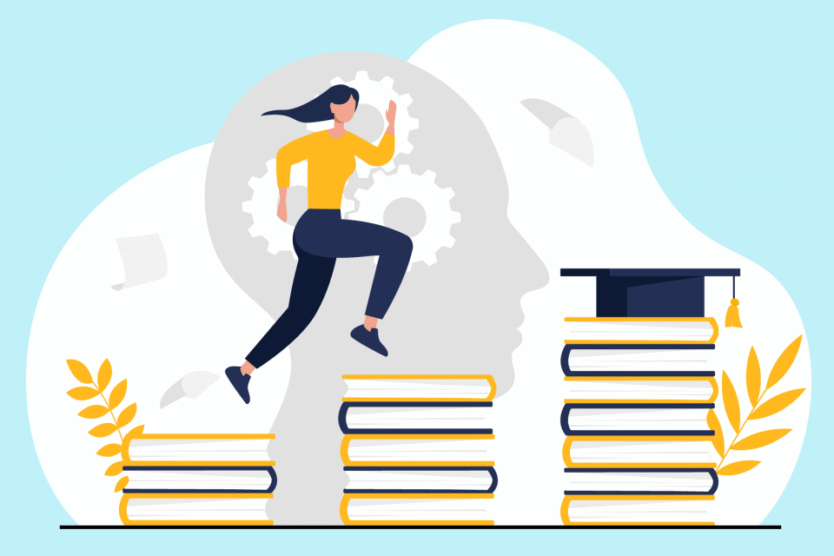 How to make the most of your senior year. Graphic of female student jump, jumping up stairs, made of stacked books.