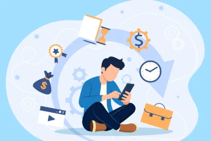 Must have checked tools to start the school year strong. Image of male student sitting cross leg with swirls of school related items above his head and a cell phone in his hand.