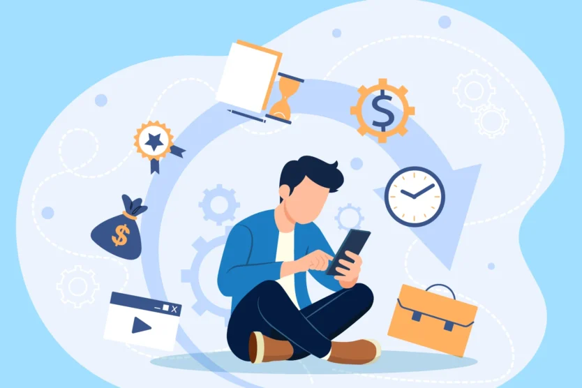 Must have checked tools to start the school year strong. Image of male student sitting cross leg with swirls of school related items above his head and a cell phone in his hand.