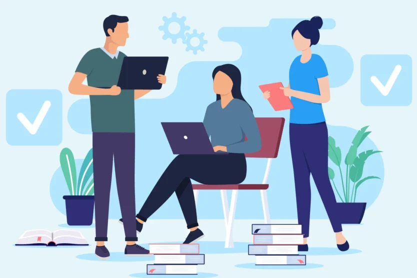 Traffic of three students holding laptops, surrounded by books and plants two birds, one course: the benefits of dual credit