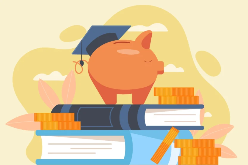 September is college savings month. Image of a piggy bank wearing a graduation cap and stacked on top of school books.