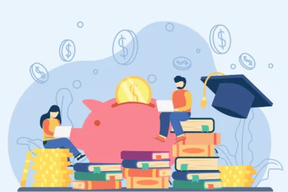 Cha-Ching! It’s Scholarship Season. Graphic of two students on laptops with a piggy bank, books, and graduation cap in the background.