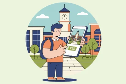 How to find a college you can swipe right on. Image of a male student looking at his phone with a college building behind him.