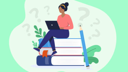 College - what's the point? Graphic of a female student sitting on top of books looking at her laptop.