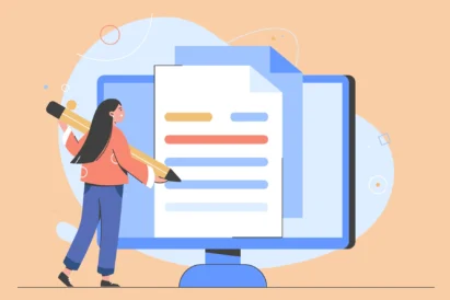 How to complete the FAFSA. Graphic of a girl holding a huge pencil and looking at a computer screen.