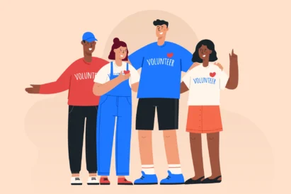 How giving back can boost your résumé. Graphic of four young students wearing shirts that say volunteer.