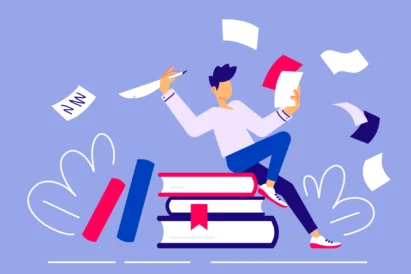 How to be the main character in your college essay. Image of a student sitting on top of books, balancing papers, and graduation cap around him.