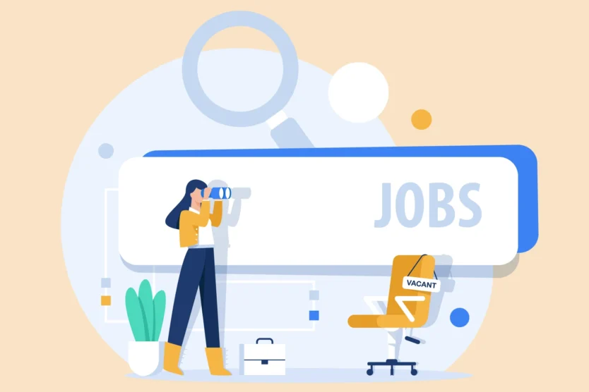 What's trending on the job chart? Graphic of a young person, looking through binoculars into the future.