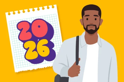 Make 2026 your year! Image of a student with a backpack and a calendar behind him that says 2026.