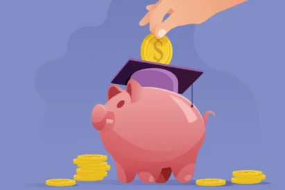 Save Smart for college. Graphic a of a piggy bank with a hand putting gold coins into it.