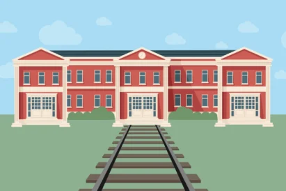 Stay on track for college. and image of a railroad tracks leading to a building on a college campus.