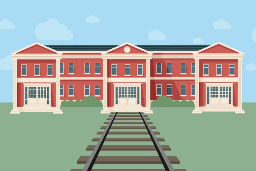 Stay on track for college. and image of a railroad tracks leading to a building on a college campus.