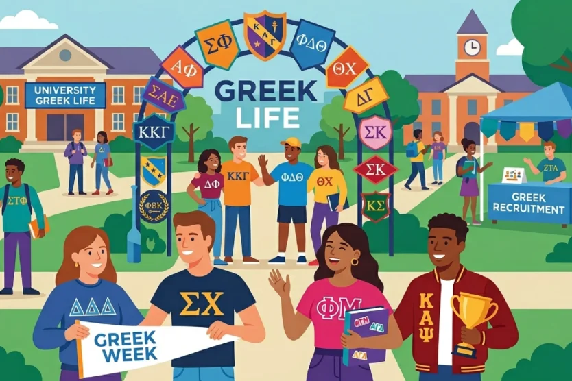 Ai generated image of students talking and wearing greek letters