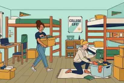 Ai generated image of two students moving into a dorm room and unpacking