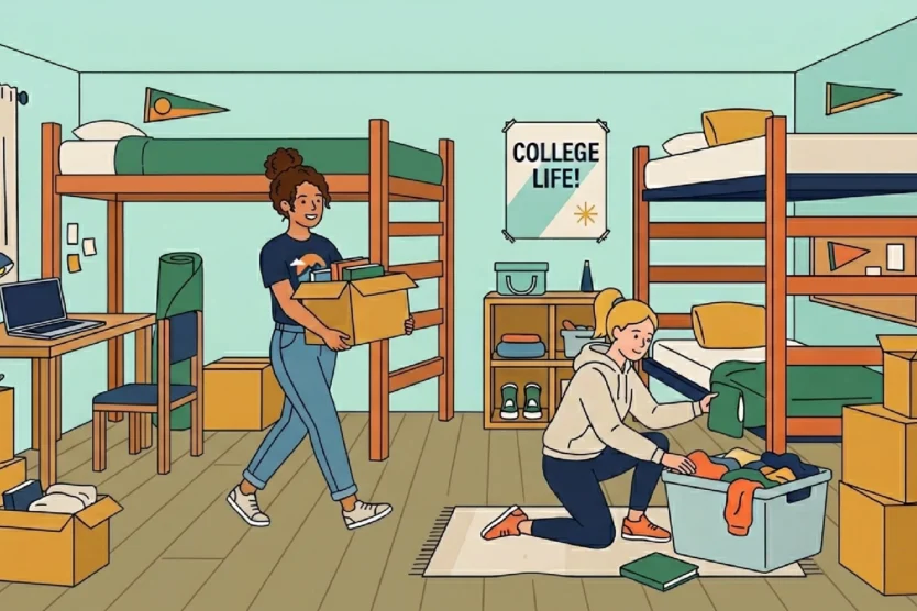 Ai generated image of two students moving into a dorm room and unpacking