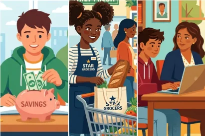 Three photos of students saving money for college.
