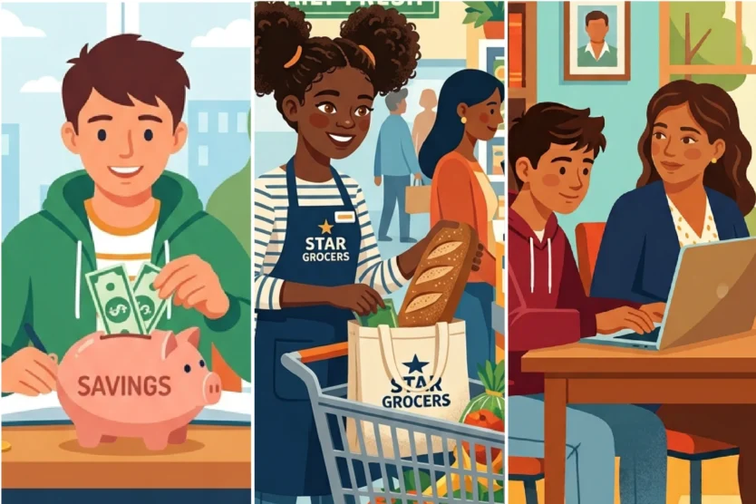 Three photos of students saving money for college.