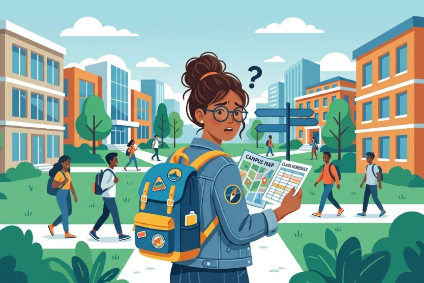 Ai image of a student walking on a busy campus looking at a brochure