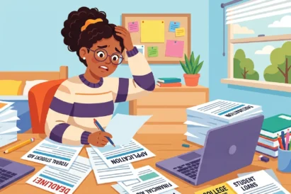Ai image of student sitting at a desk filling out the FAFSA with papers and computer.