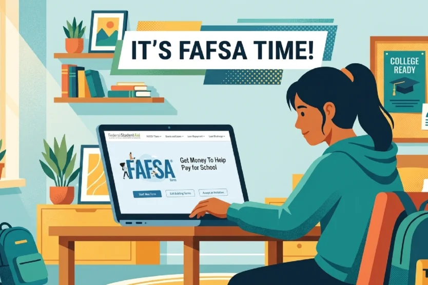 Ai generated image of a student using their laptop to complete the FAFSA