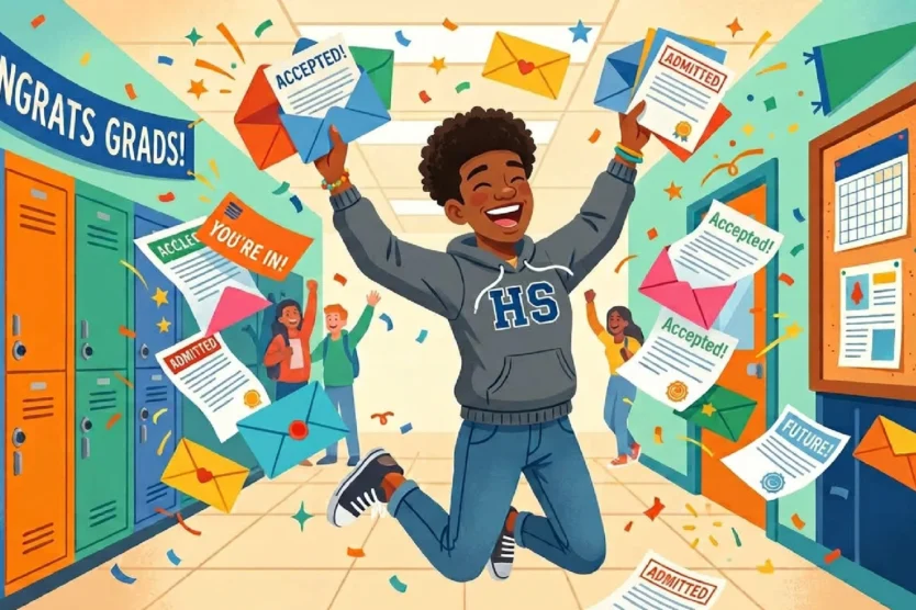 Ai generated image of a student celebrating applying to college.